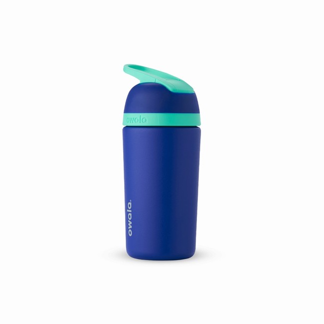 garrafa de água infantil owala de 414 ml 14 oz em aço inoxidável com tampa articulada azul.