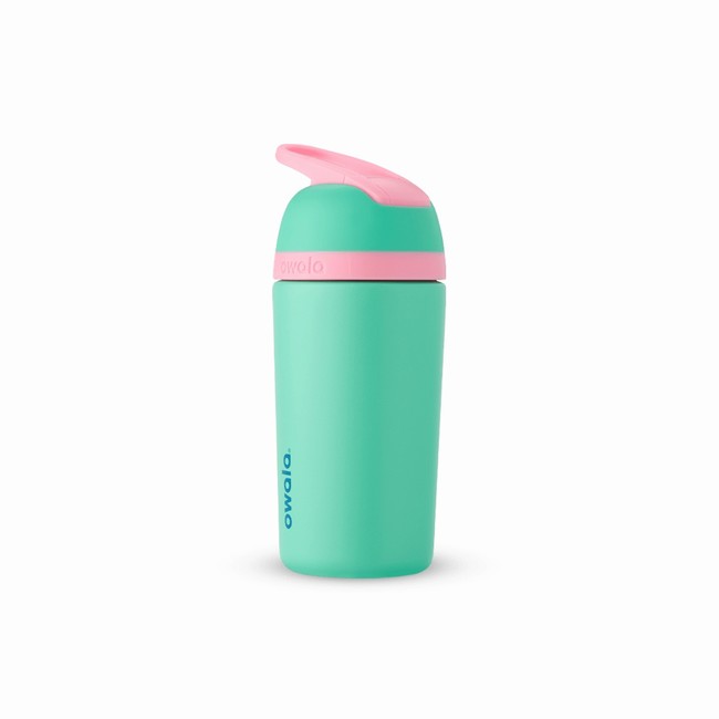 garrafa de água infantil owala de 414 ml 14 oz em aço inoxidável com tampa articulada verde.