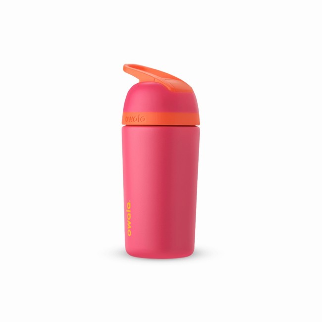 garrafa de água infantil owala de 414 ml 14 oz em aço inoxidável com tampa articulada rosa.