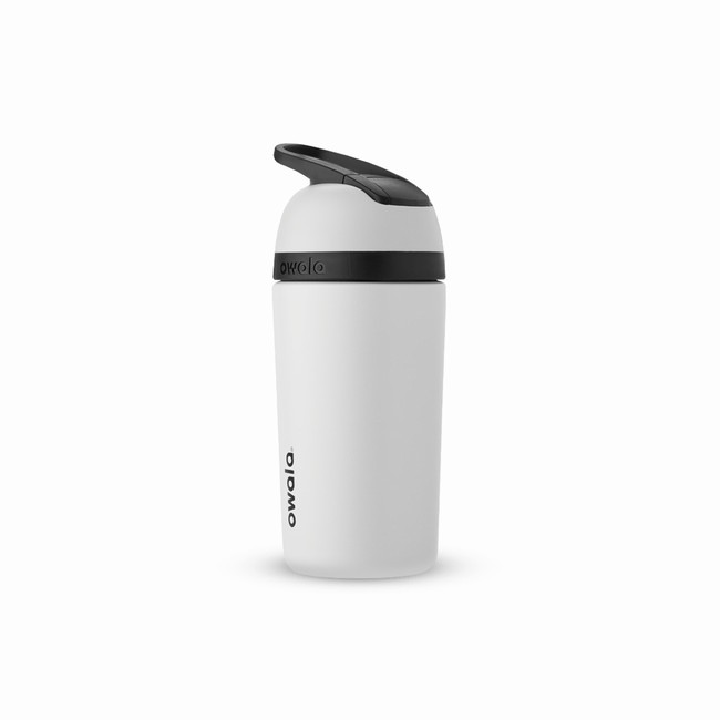 garrafa de água infantil owala de 414 ml 14 oz em aço inoxidável com tampa flip-top branca.
